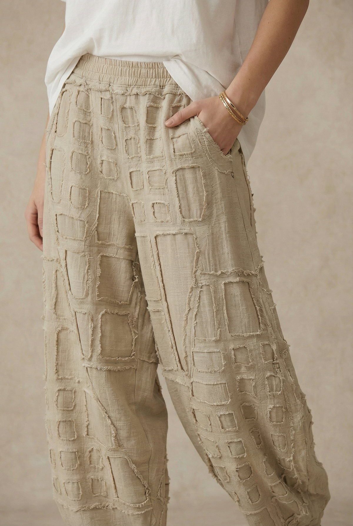 Payton Patchwork Textured Pants ~ Beige