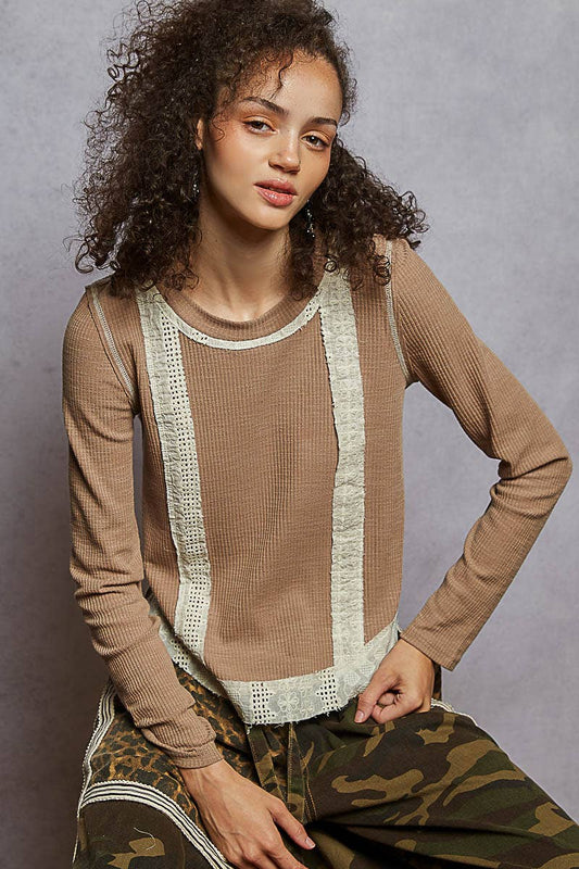 Regan Raw Edge Eyelet Patch Rib Knit Top ~ Mocha Mousse