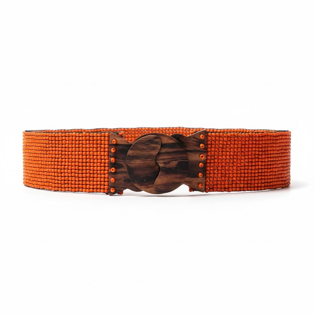 Stretchable Boho Chic Glass Beaded Belt with Wooden Buckle