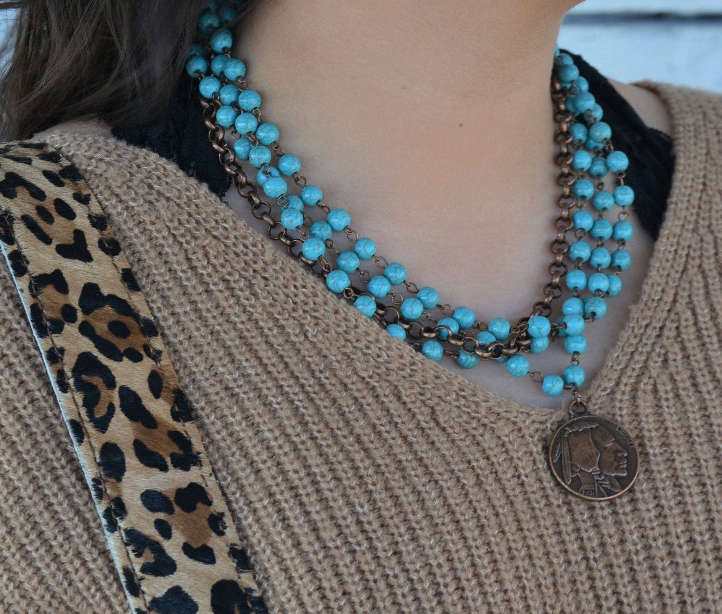 Blue Turquoise Indian Buffalo Coin Necklace