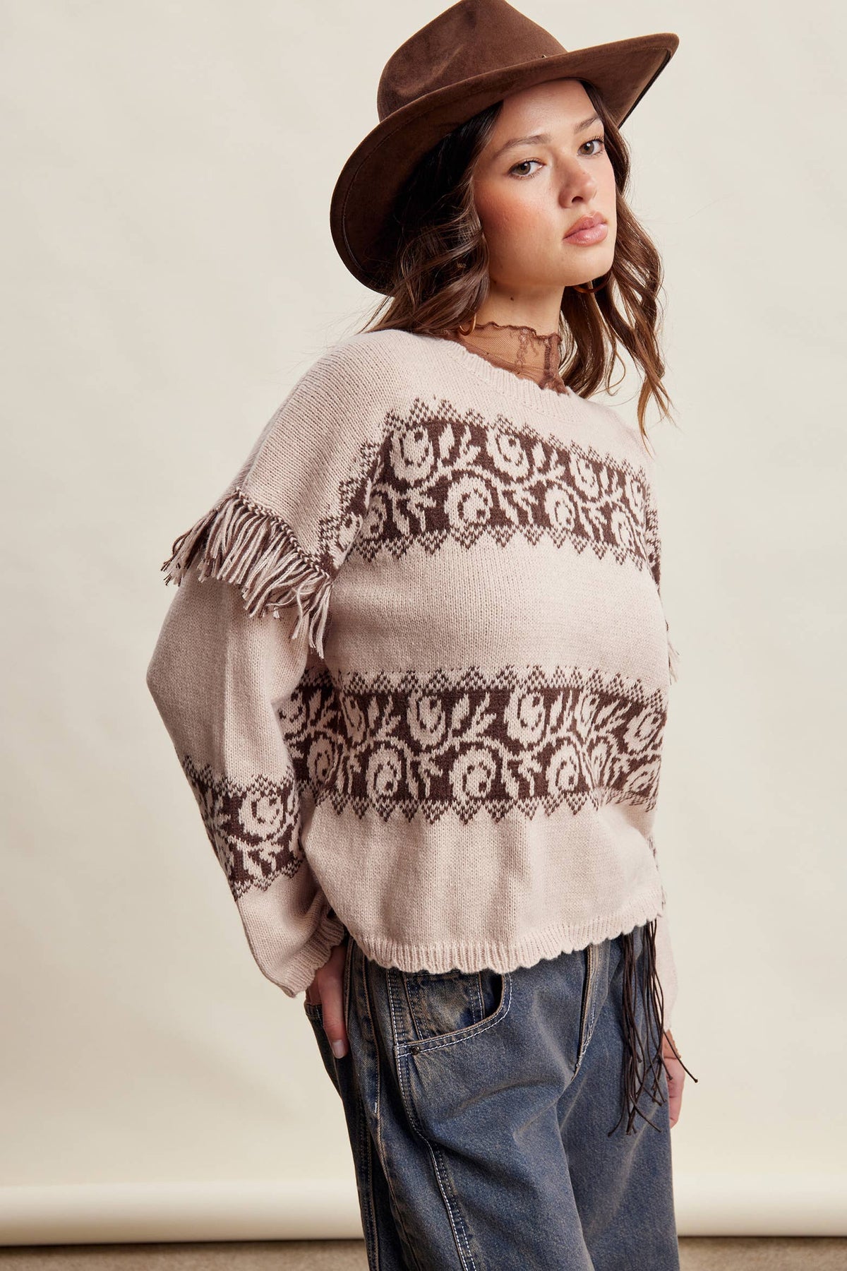 Whitney Western Fringe Pattern Knit Sweater ~ Sand Stone