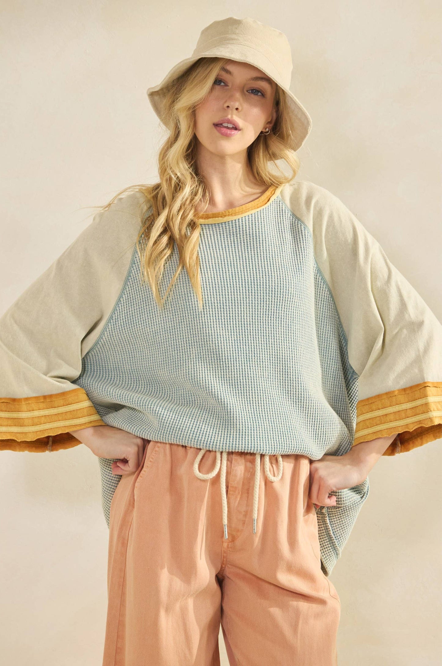 Bonnie Boho Waffle Knit Raglan Top ~ Dusty Blue