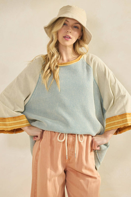 Bonnie Boho Waffle Knit Raglan Top ~ Dusty Blue