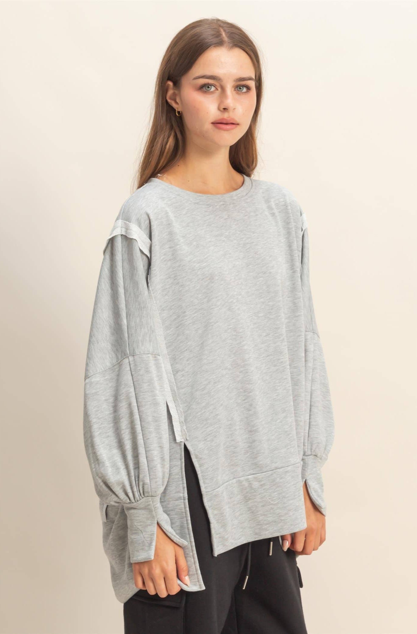 Oliva Oversized Unique Cuff Top ~ Heather Gray