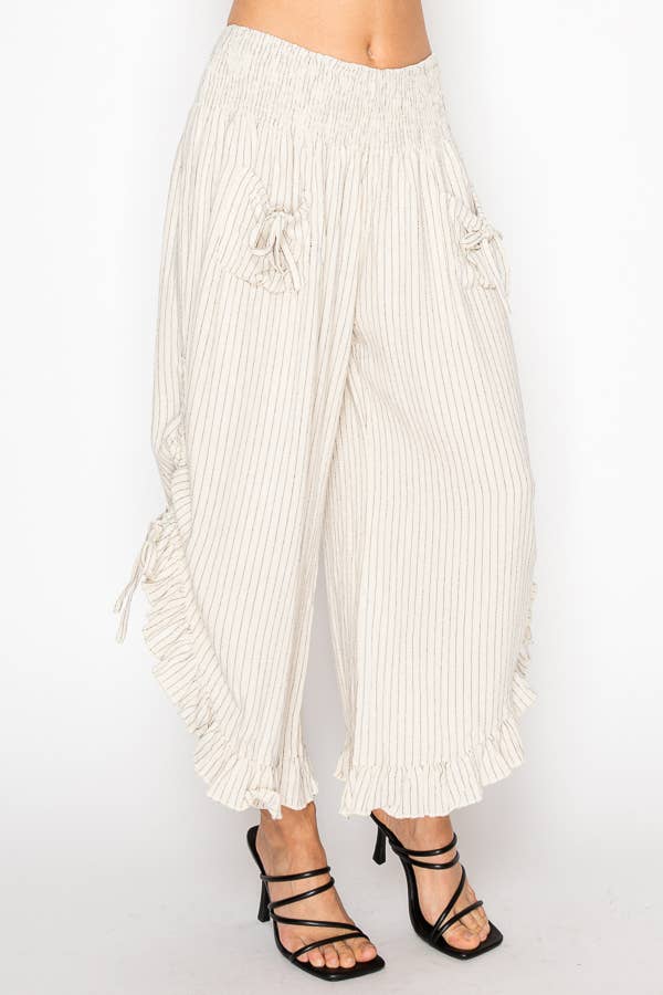 Phoebe Pinstripe Side Tie Ruffle Pants ~ Beige