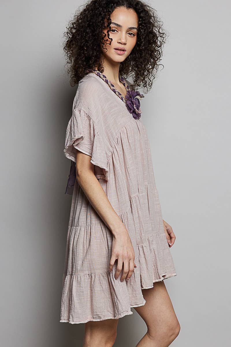 Fiona Feminine V-neck Ruffle Shirring Detail Dress ~ Blush