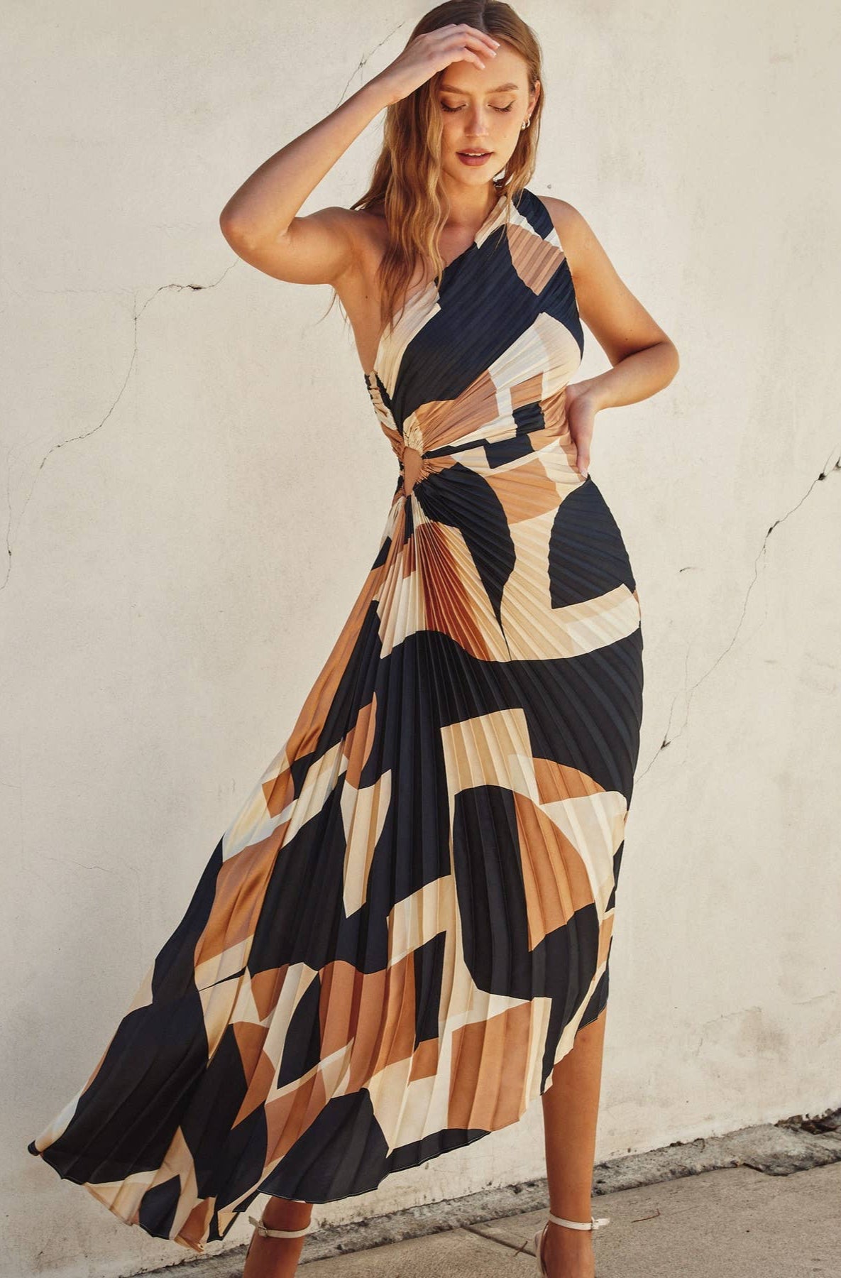 Olympia Asymmetrical Pleated Maxi Dress ~ Midnight Taupe