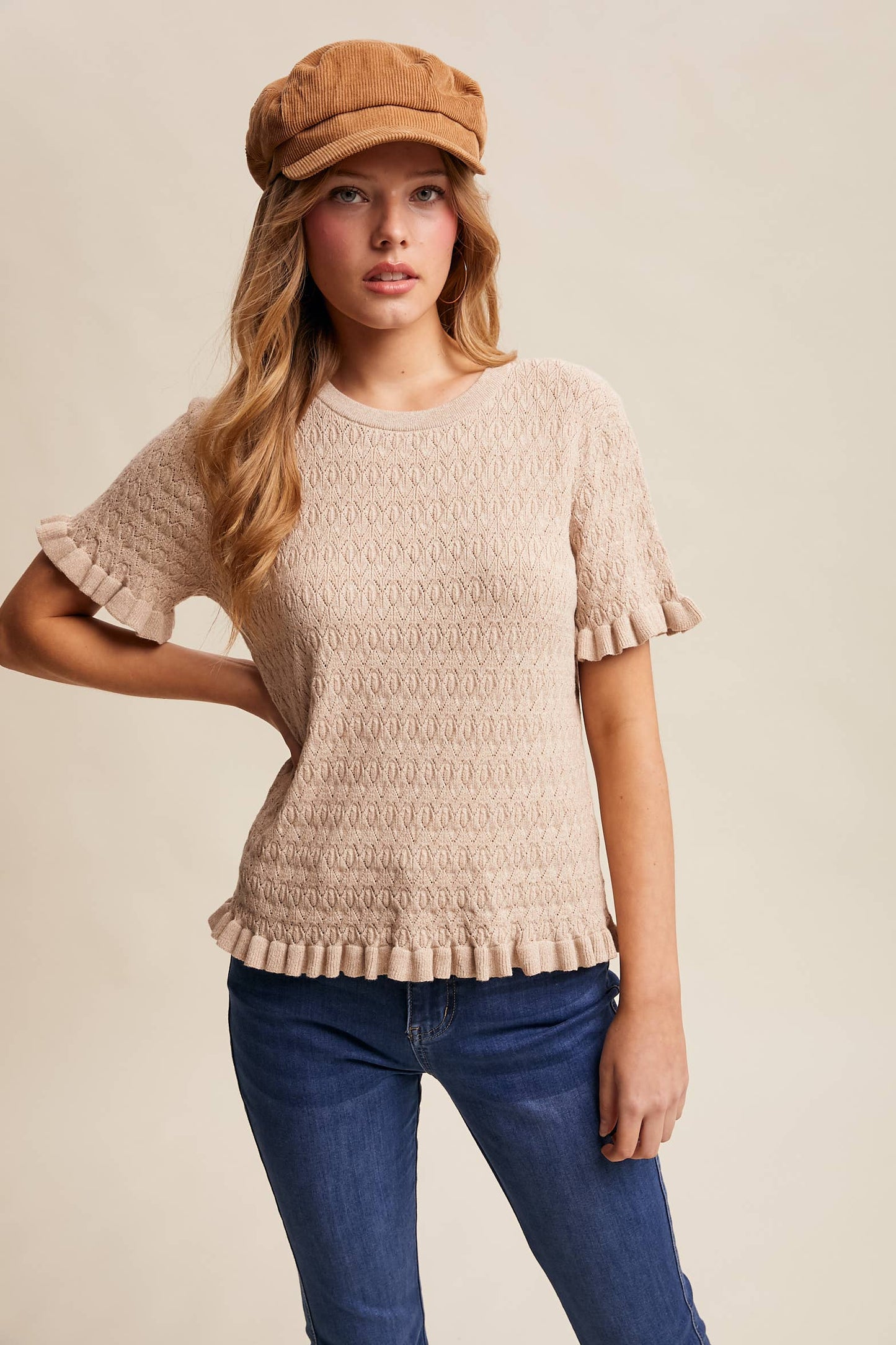 Raquel Ruffle Hem Textured Knit Top ~ Oatmeal