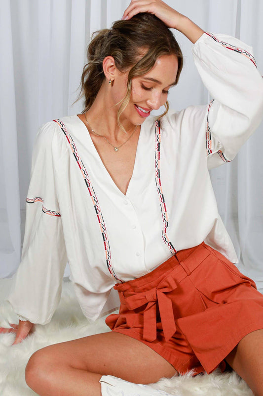 Vivian V-Neck Boho Embroidered Top ~ Off White