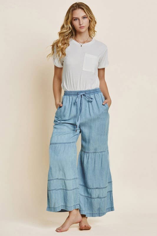 Trinity Tiered Wide Leg Pants ~ Washed Chambray