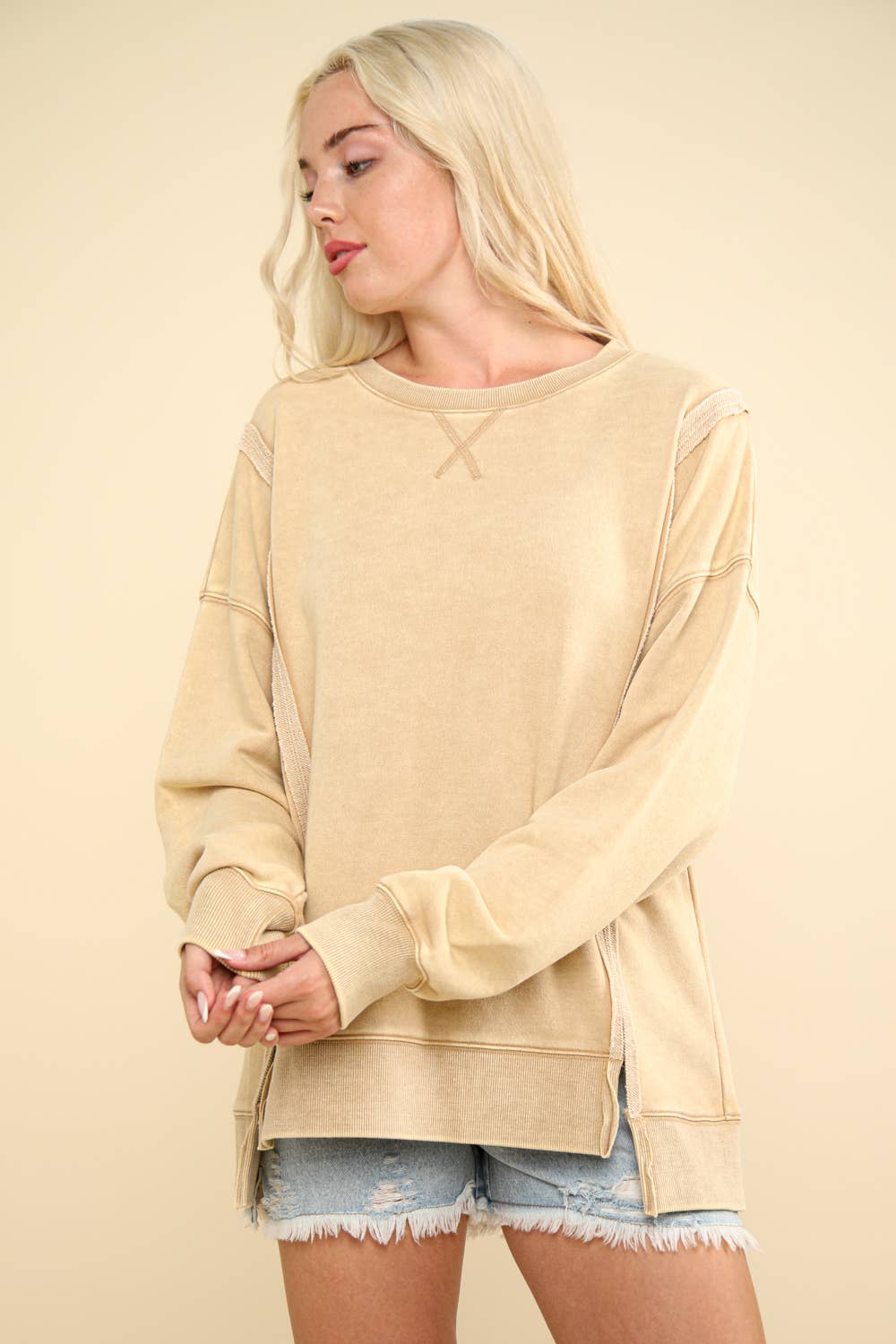 Mya Mineral Washed French Terry Oversized Knit Top ~ Olive