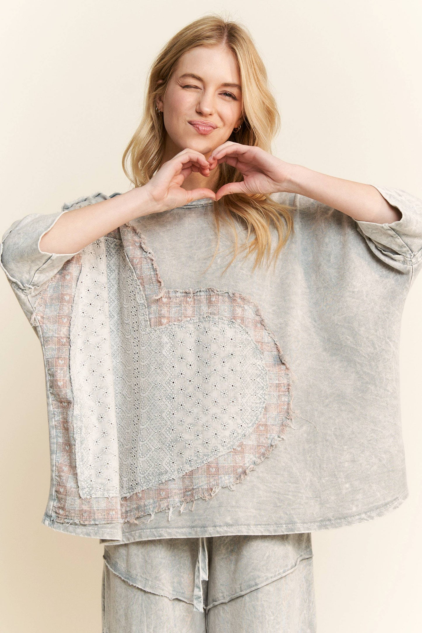 Melody Mineral Wash Heart Patched Top ~ Sliver Grey