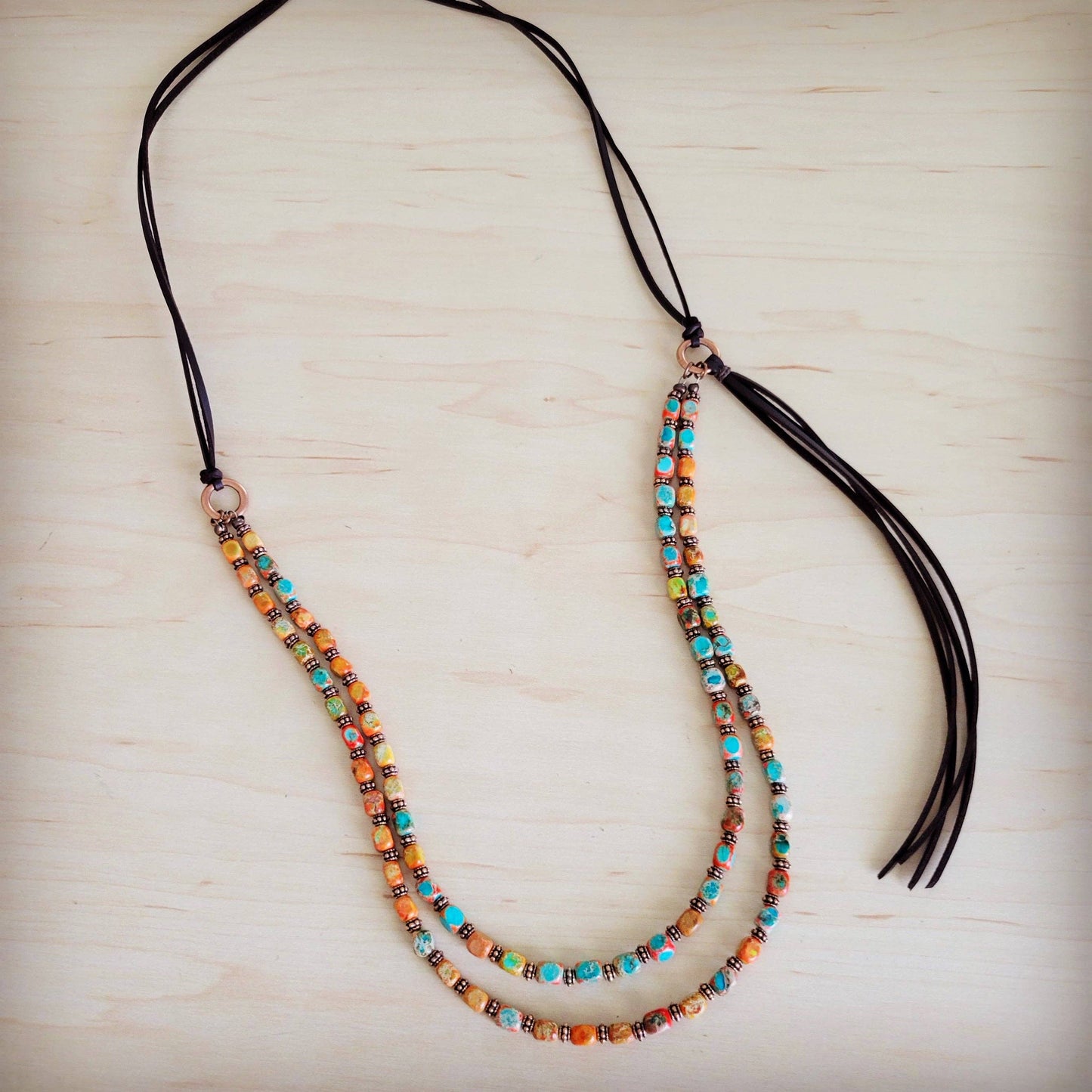 Sunrise Regalite Double Strand Beaded Tassel Necklace