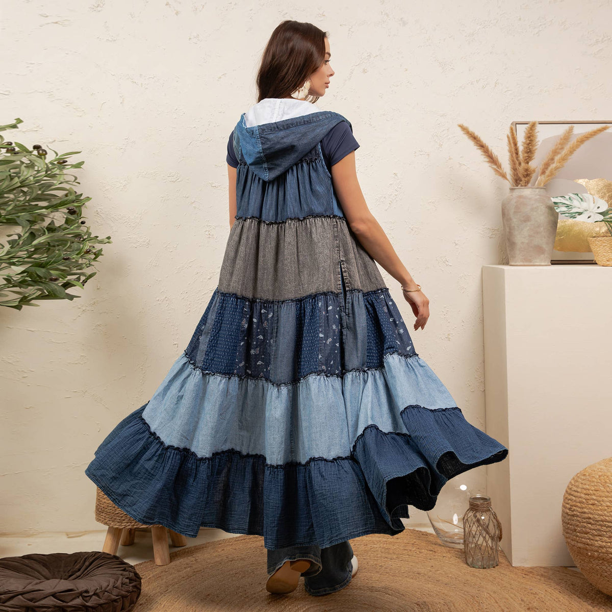 Boho Sleeveless Maxi Button-Front Hooded Duster ~ Denim