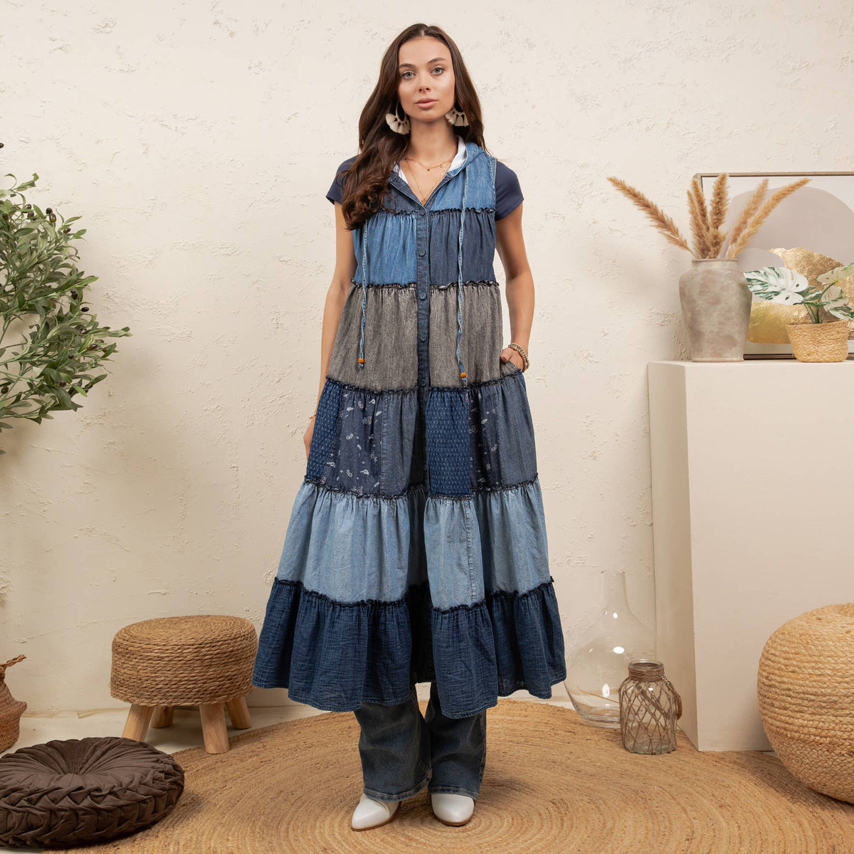 Boho Sleeveless Maxi Button-Front Hooded Duster ~ Denim