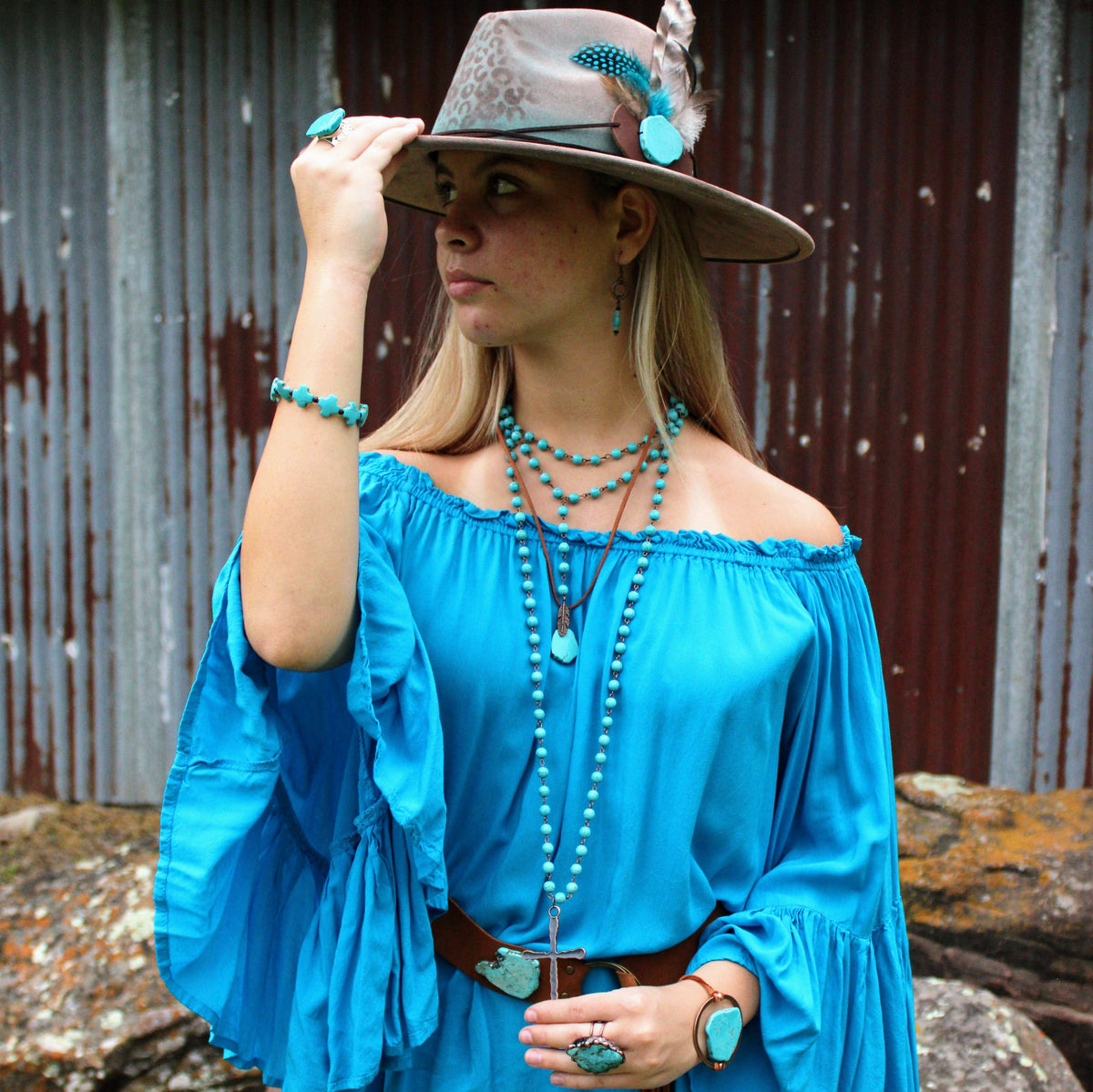 Lariat Blue Turquoise Necklace w/ Copper Feather