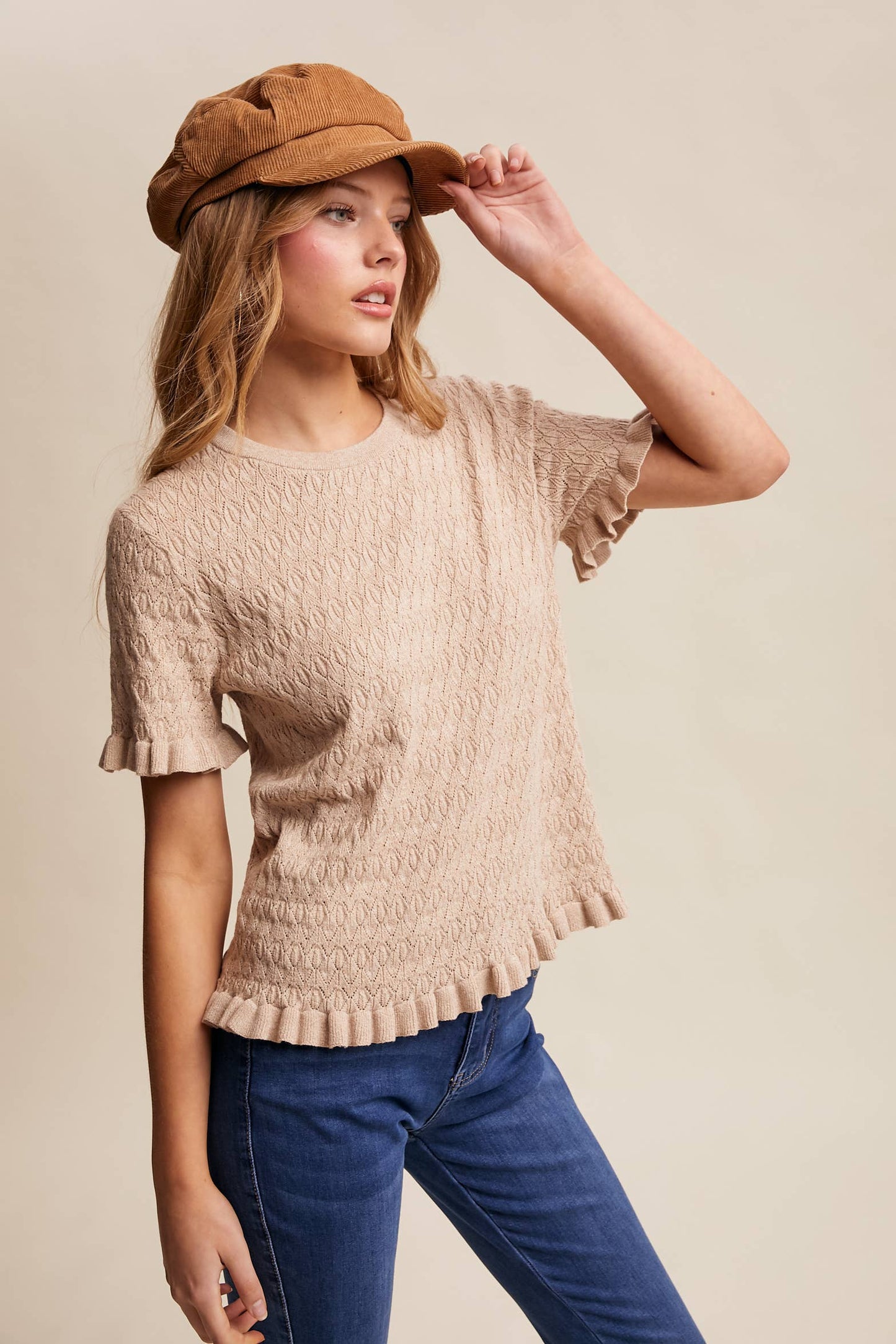Raquel Ruffle Hem Textured Knit Top ~ Oatmeal