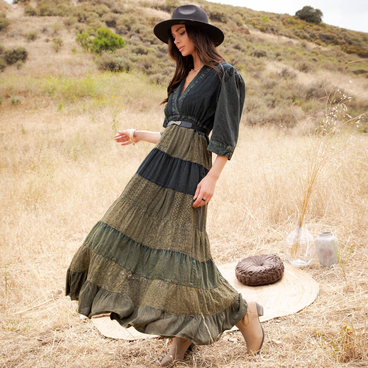 Victoria Vintage Mixed Texture Patchwork Maxi Dress ~ Basil