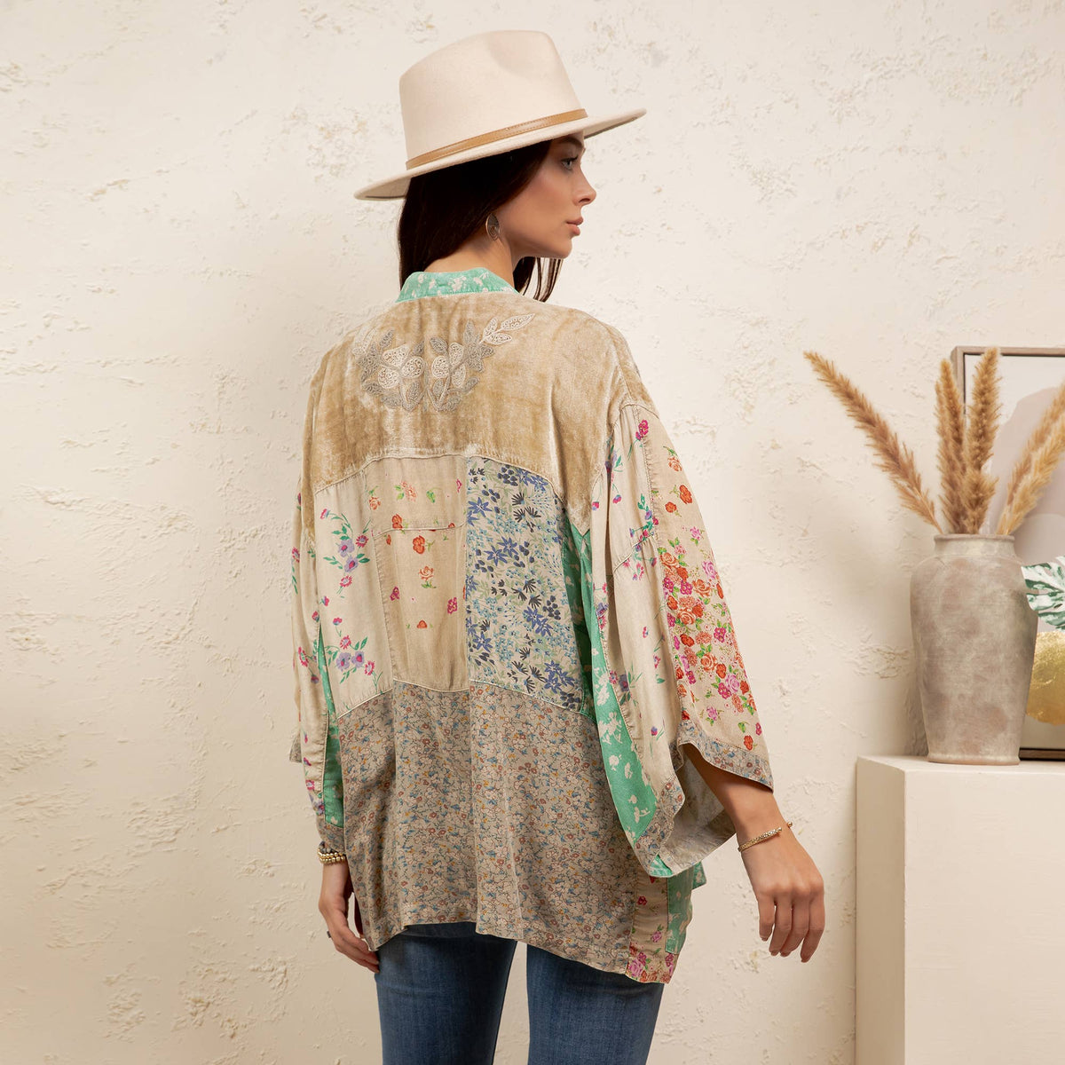 Veronia Vintage Overdyed Mixed Print Kimono Top ~ Sand