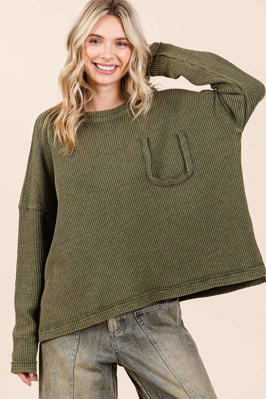 Myra Mineral Wash Cutout Pocket Waffle Top ~ Olive
