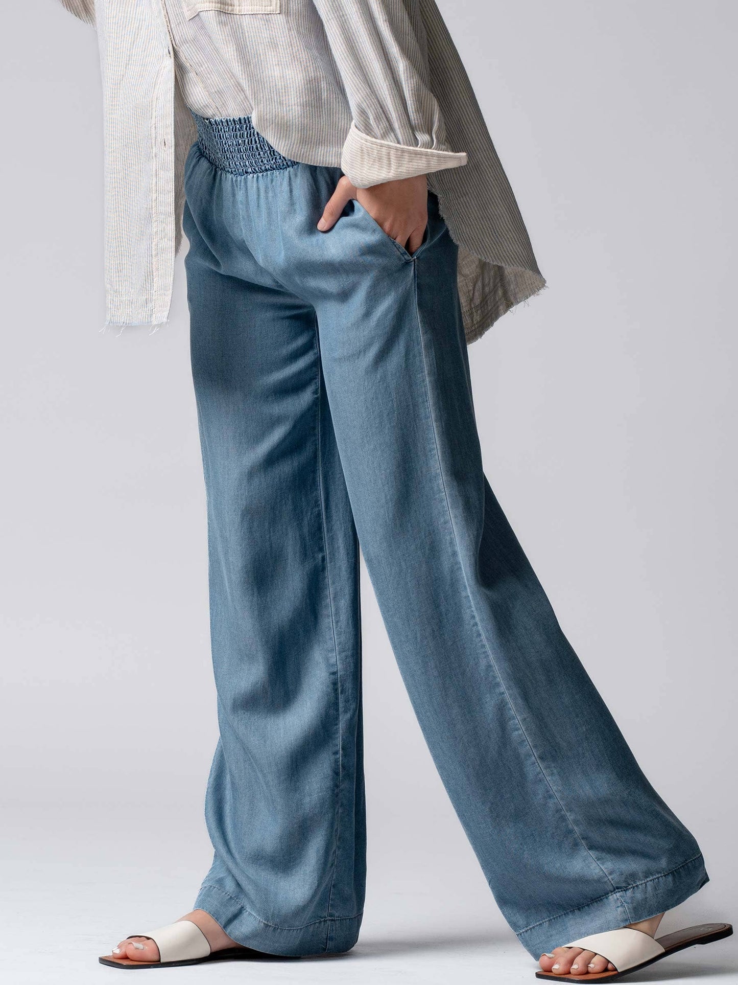 Tencel Smocked High Waist Wide Leg Side Pocket Pants ~ Light Denim