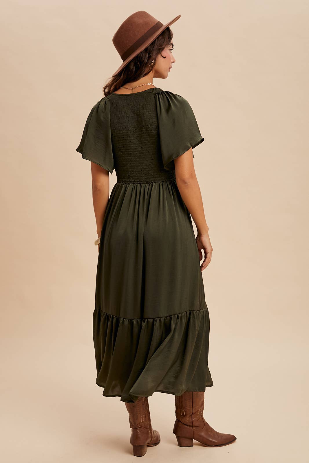 Lilly Smocked Washed Satin Midi Dress ~ Olive