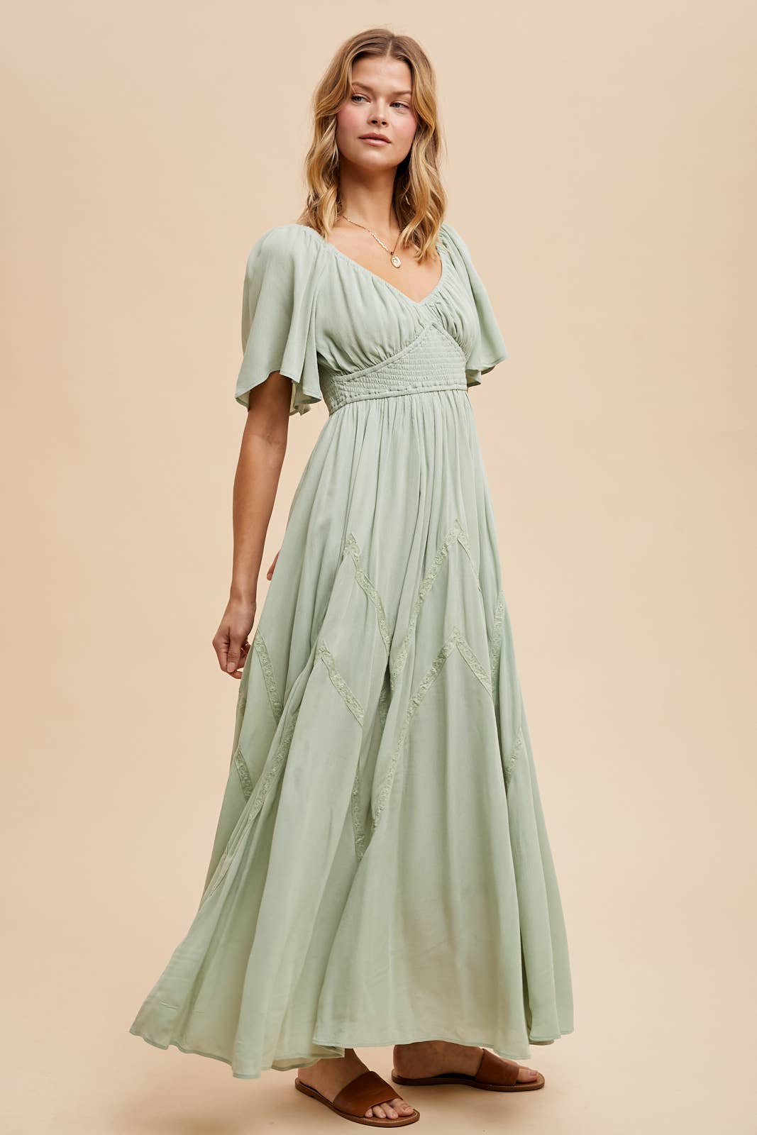 Lauren Lace Overlay Smocked Flutter Sleeve Maxi Dress ~ Lime Cream