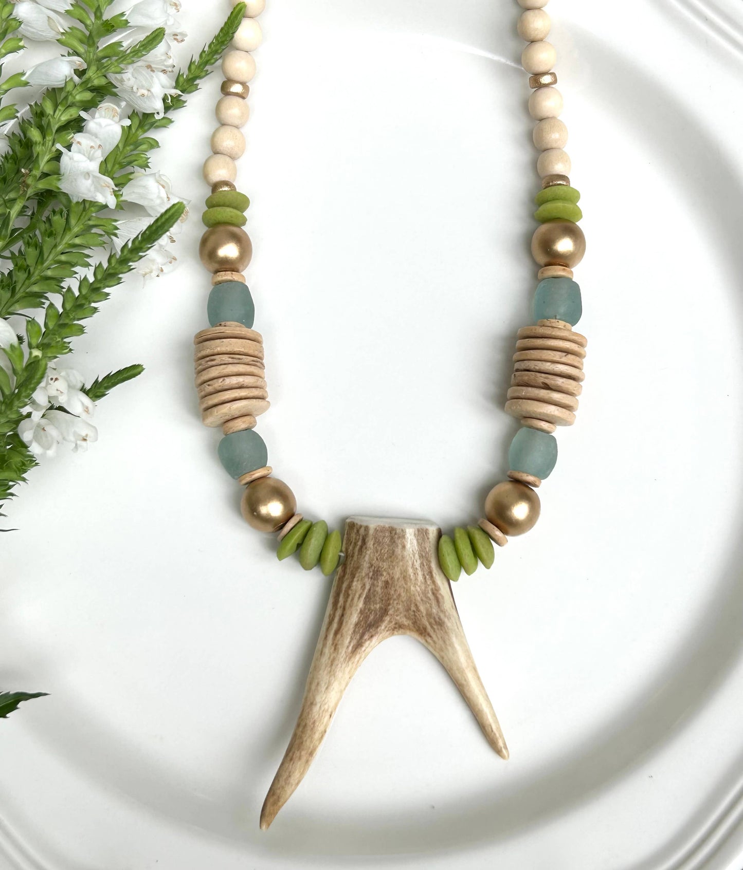 Long Deer Antler Chunky Beaded Necklace