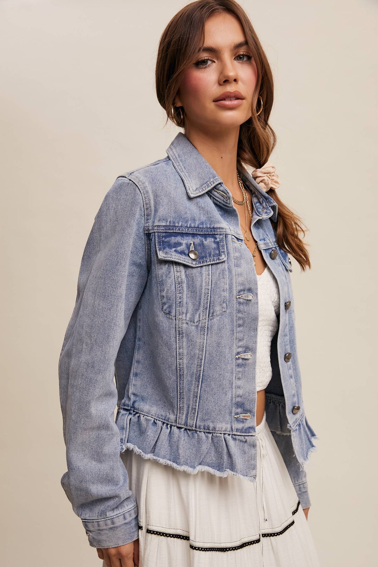 Regan Ruffled Hem Denim Jacket ~ Light Denim