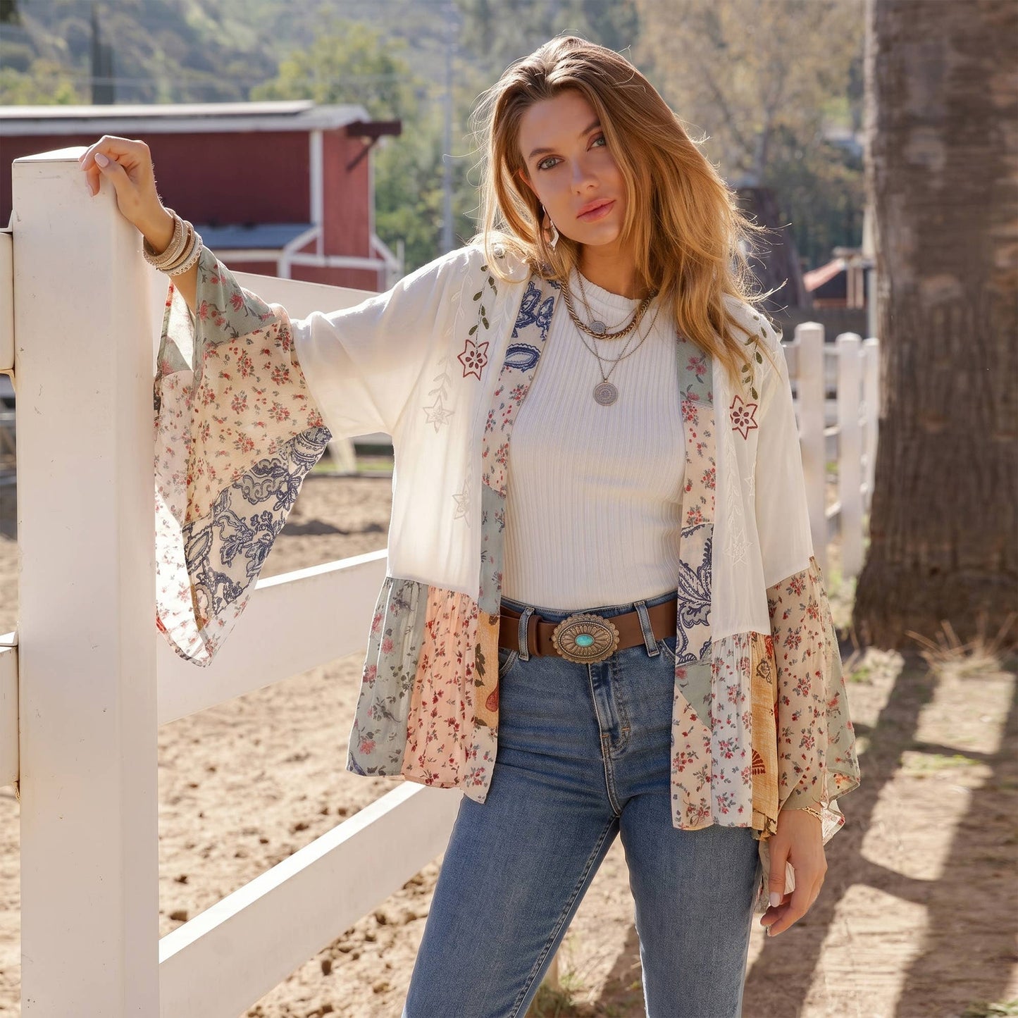 Peyton Patchwork Bell Sleeve Kimono ~ Pearl