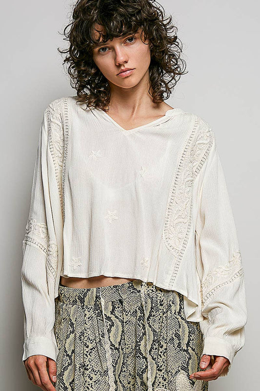 POL Floral Embroidered Woven Top ~ Ivory