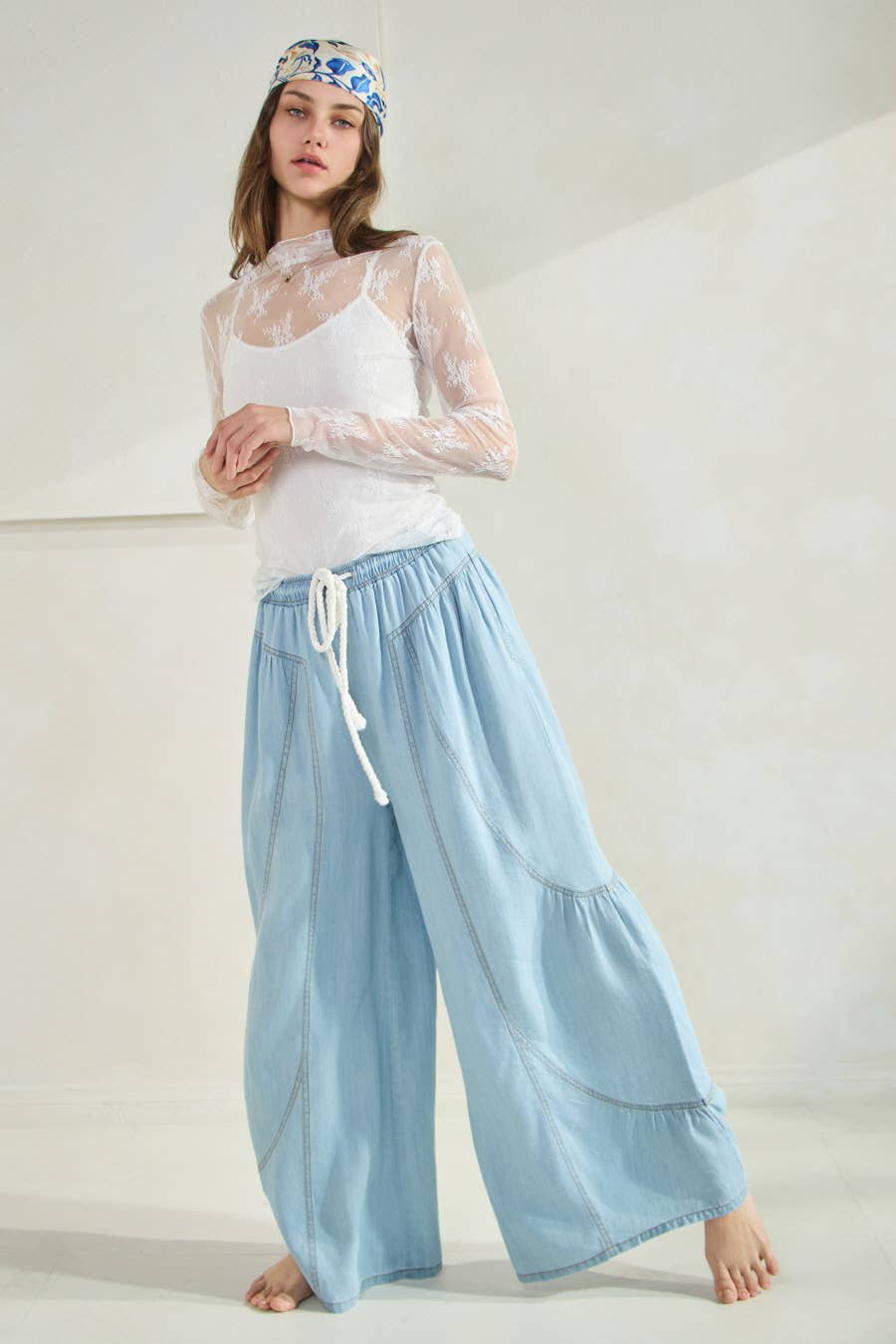 Carmon Chambray Wide Palazzo Pants ~ Light Denim