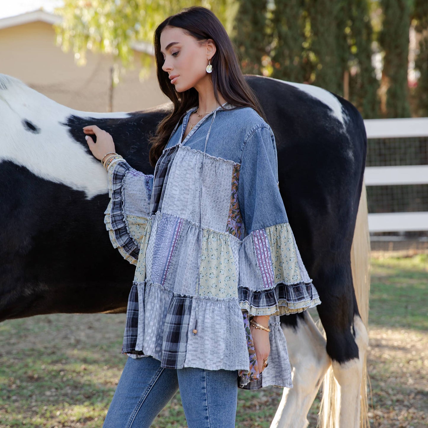 Amelia 3/4 Sleeve Jhabla Patchwork Top - Light Denim