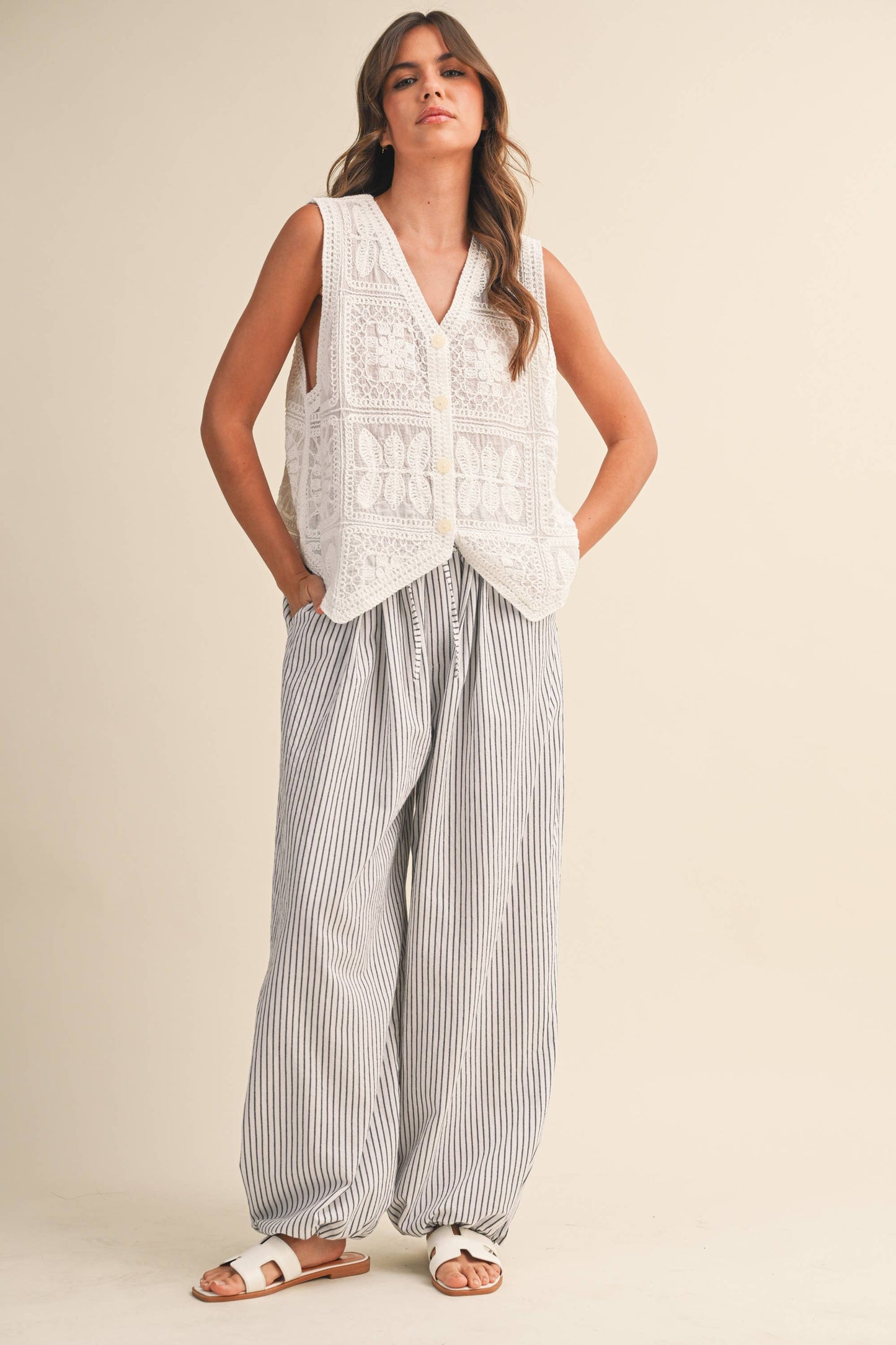 Shelly Striped Balloon Linen Blend Pants ~ White/Black