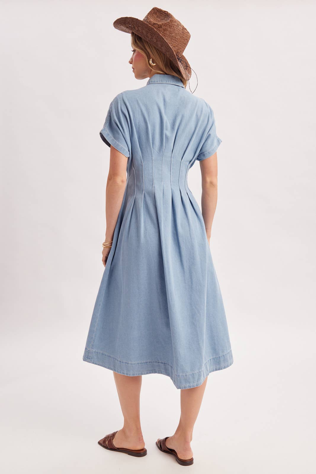 Bailey Pleated Waist Button Down Shirt Dress ~ Light Denim