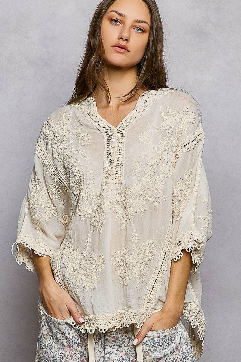 Veronia V-Neck Floral Embroidered Crochet Blouse Top ~ Natural