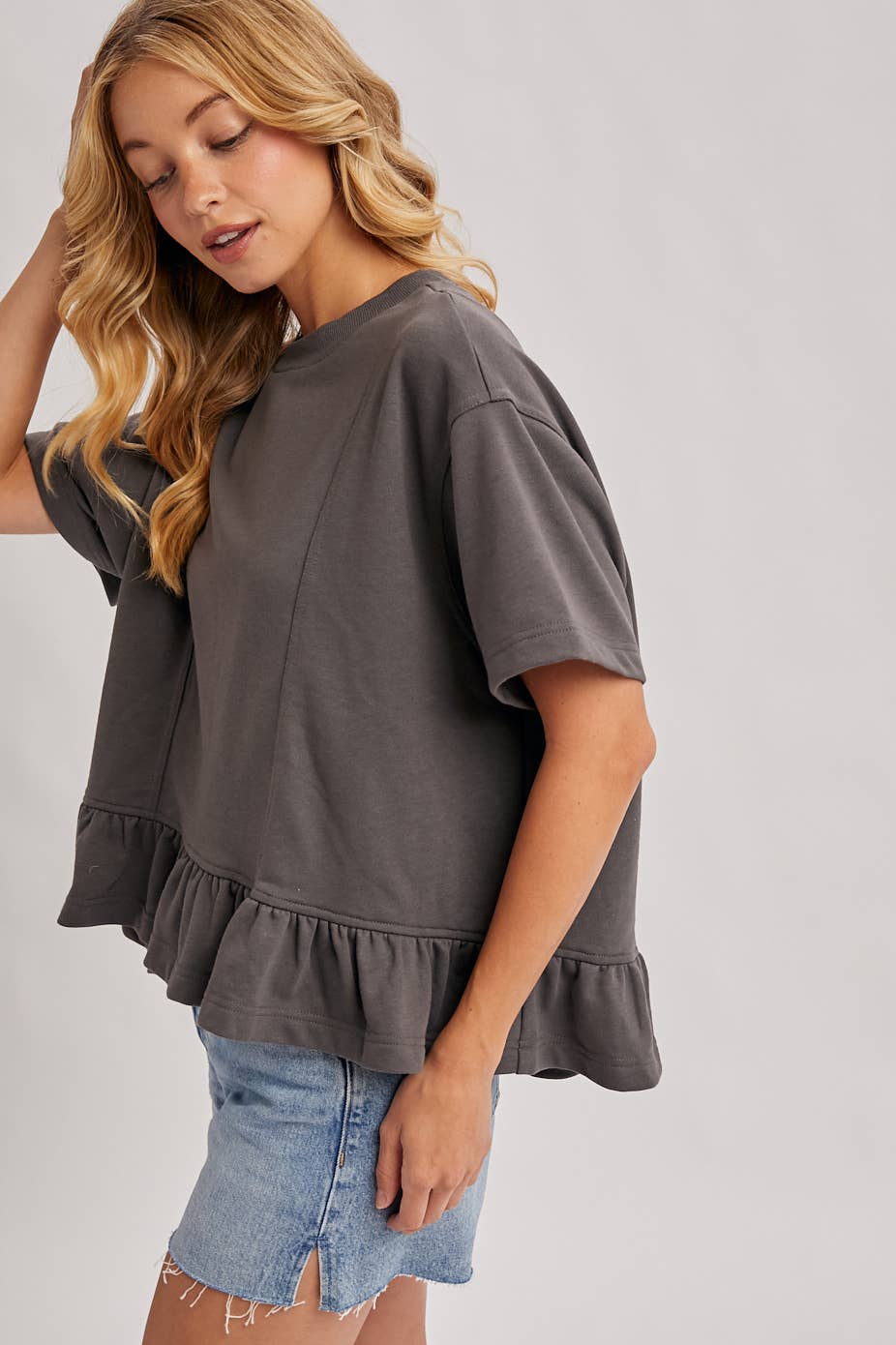 Regan Ruffled Peplum Hem Swing Knit Top ~ Ash