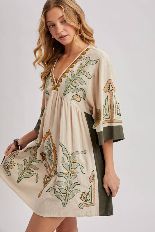 Blair Boho Embroidered V Neck Dress ~ Oatmeal