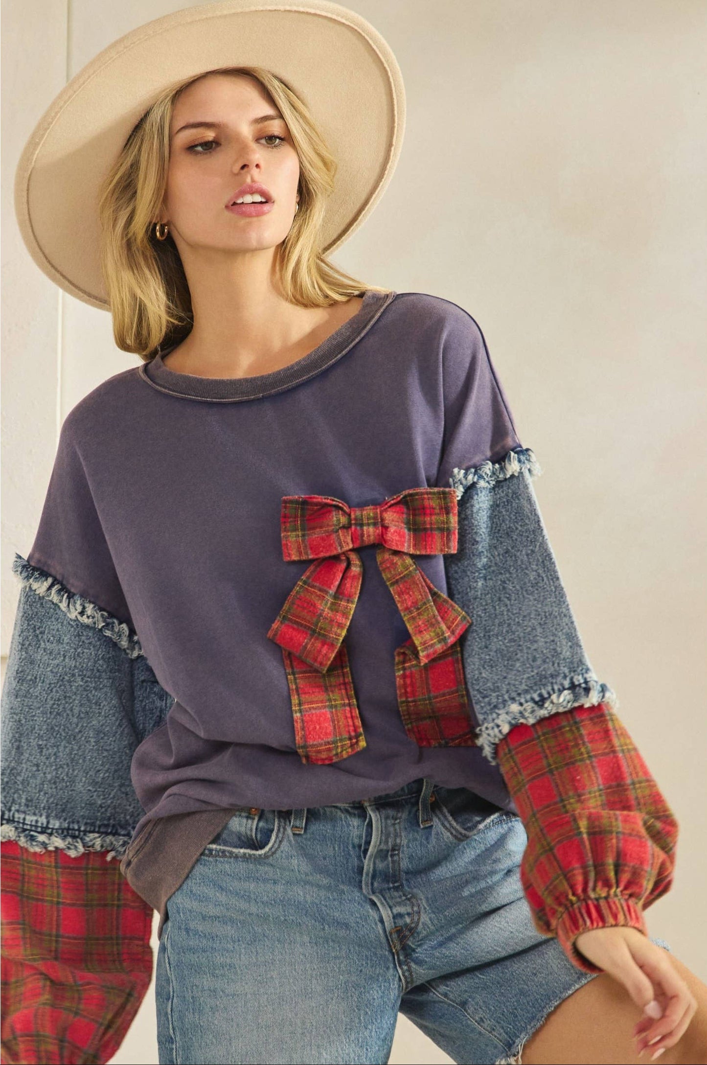 Pamela Plaid Bow Denim Sleeve Pullover ~ Navy