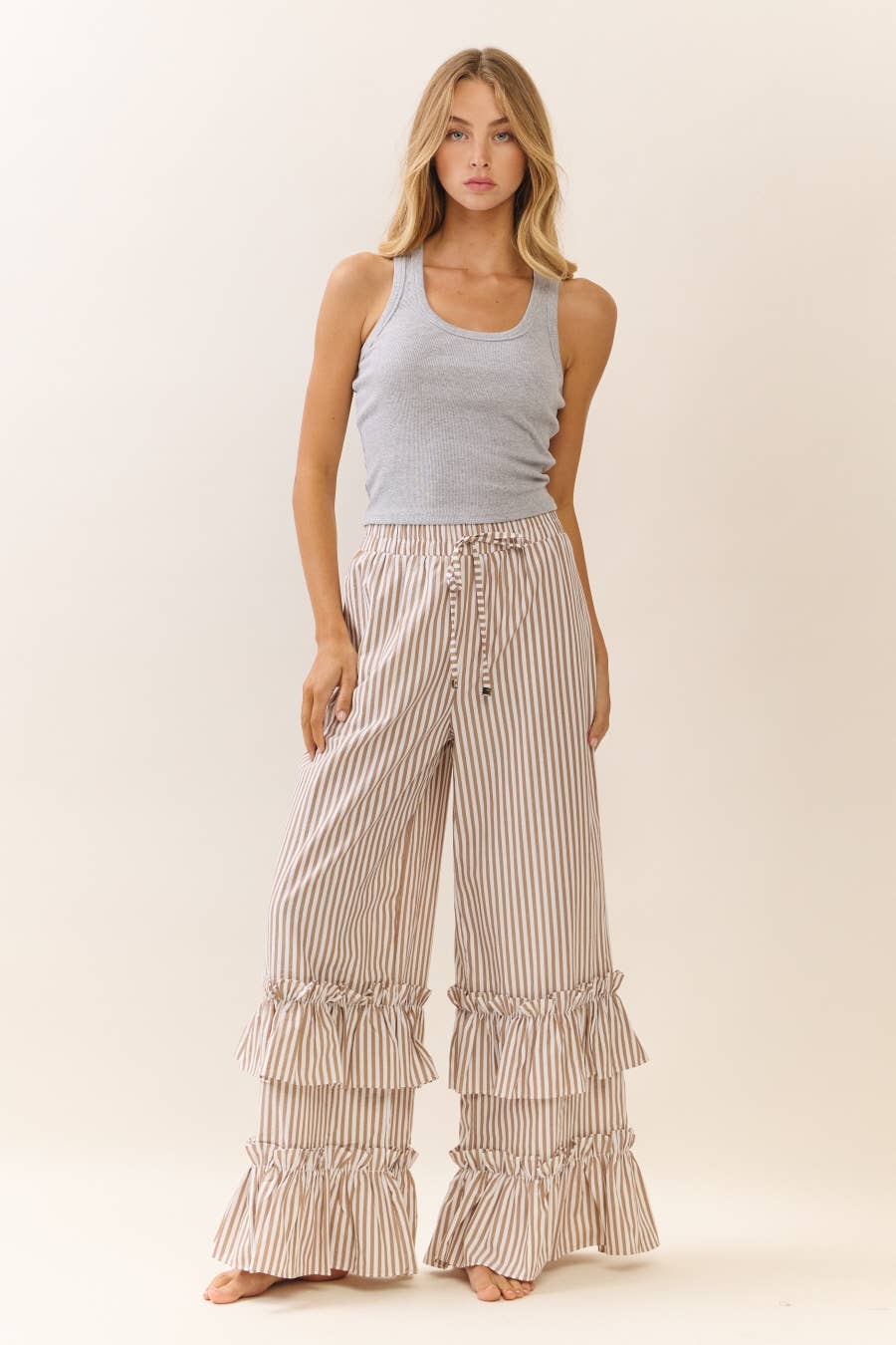 Striped Ruffle Pants ~ Taupe