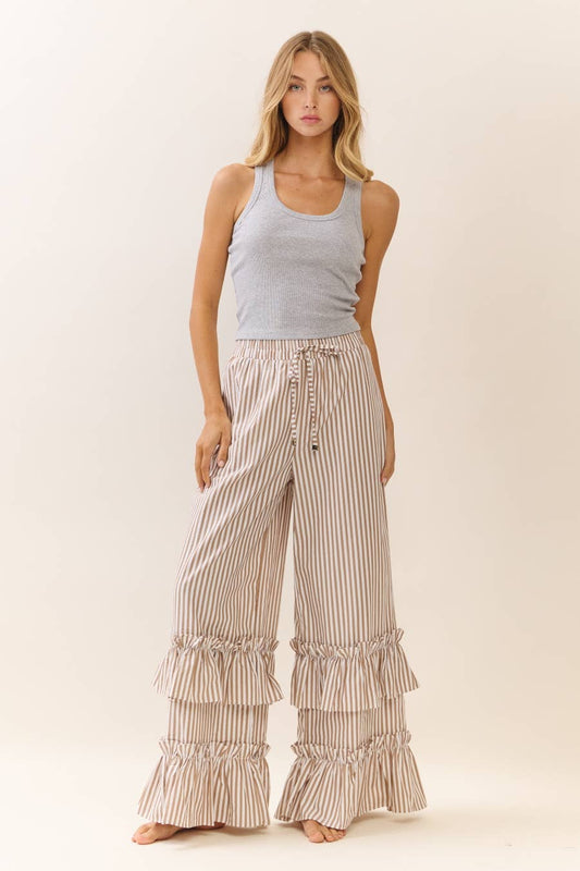 Samatha Striped Ruffle Pants ~ Taupe