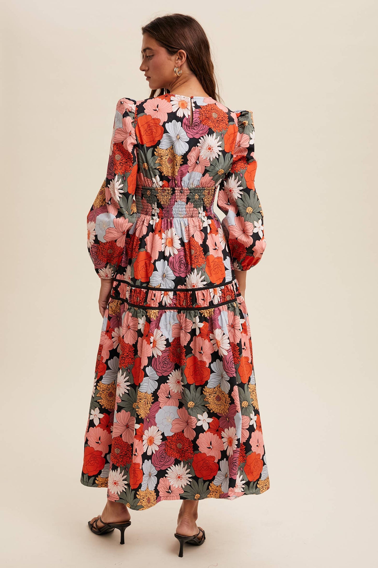 Sidney Floral Puff Sleeve Midi Dress ~ Red