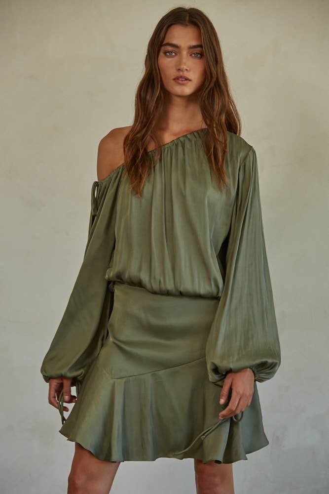 Sadie Satin Off the Shoulder Mini Dress ~ Olive