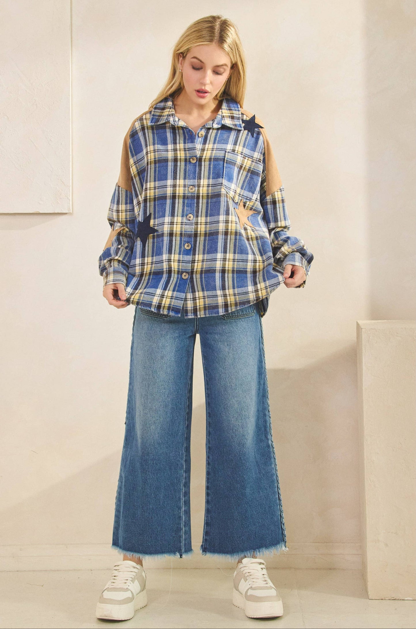 Skylar Star Patchwork Plaid Flannel Shirt ~ Blue