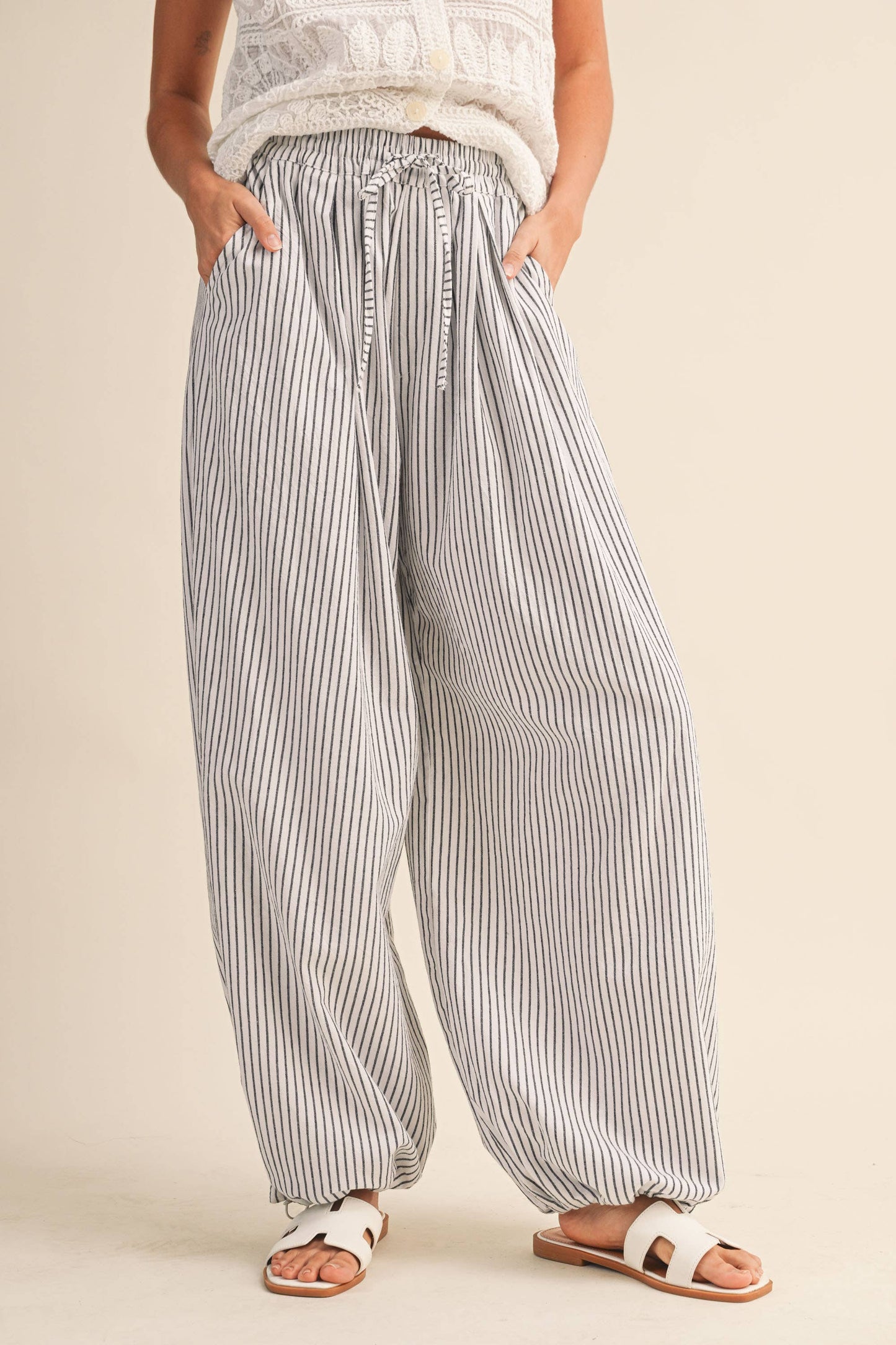 Shelly Striped Balloon Linen Blend Pants ~ White/Black