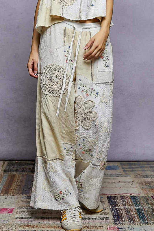Willow Solid Lace Patch Detail Woven Pants ~ Natural
