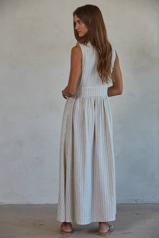 Skylar Linen Cotton Striped Maxi Dress ~ Natural