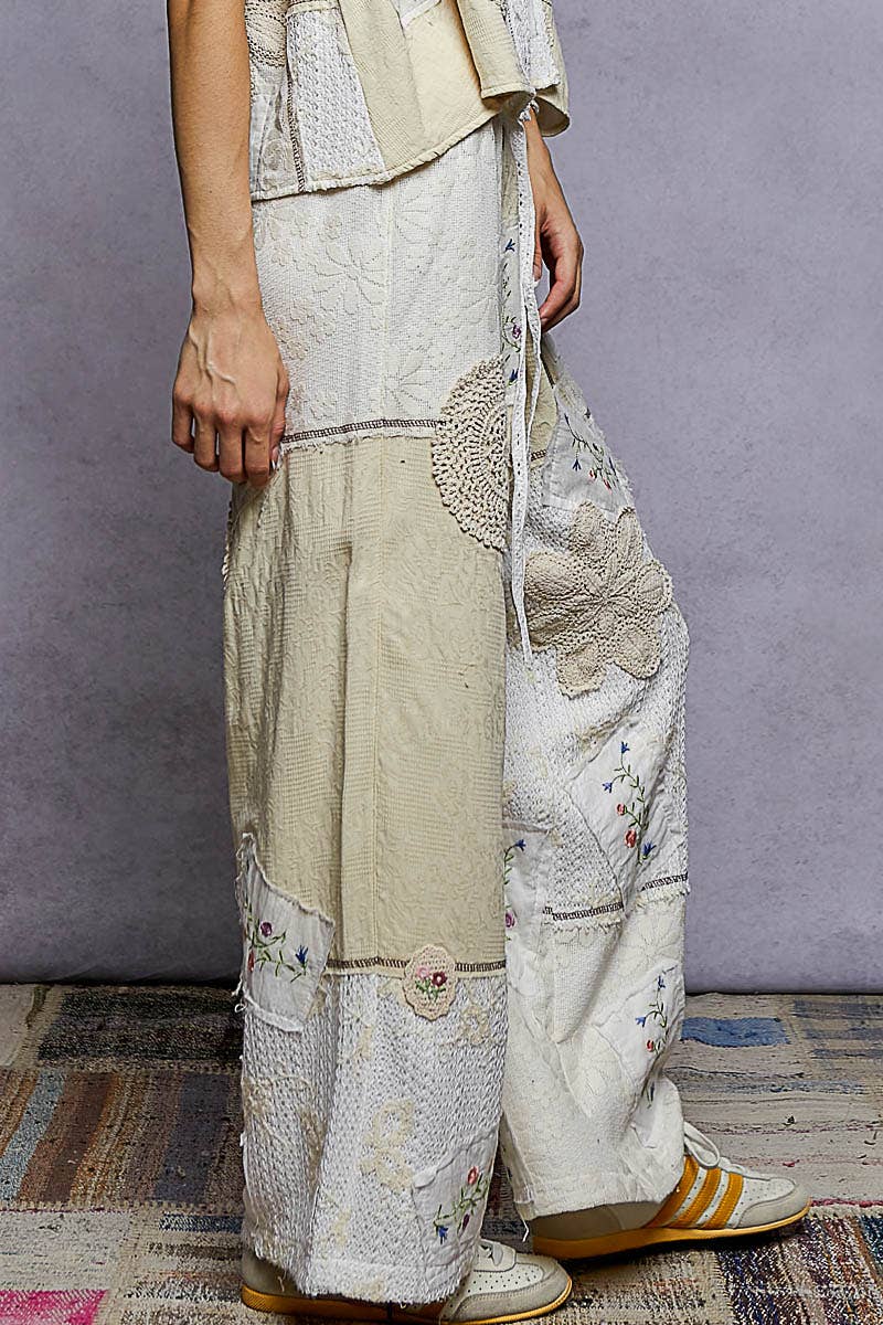 Willow Solid Lace Patch Detail Woven Pants ~ Natural