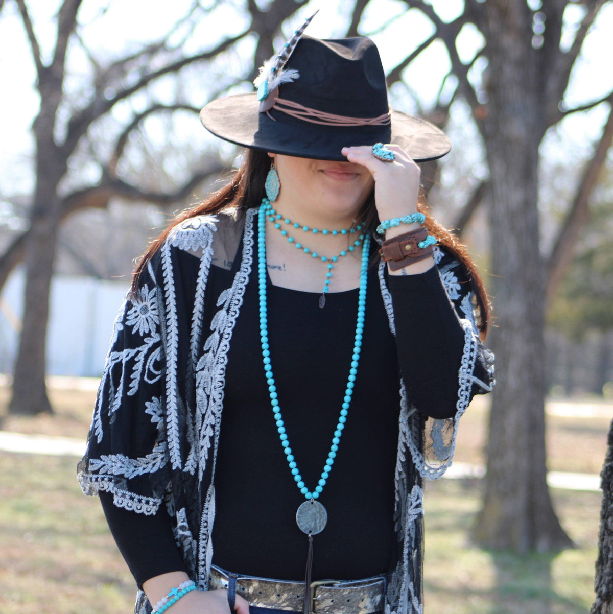 Lariat Blue Turquoise Necklace w/ Copper Feather