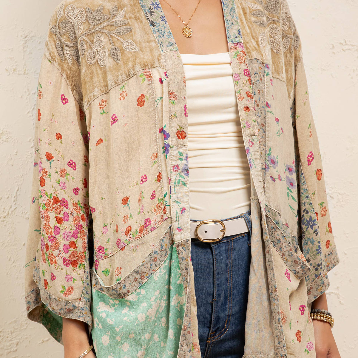 Veronia Vintage Overdyed Mixed Print Kimono Top ~ Sand
